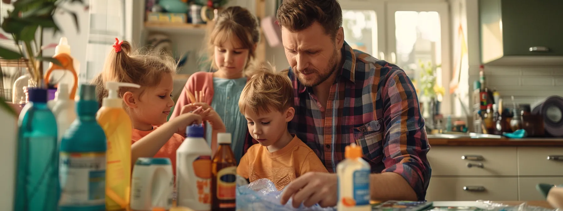 a family carefully reading labels on household pest control products, with a concerned look on their faces, surrounded by bottles and containers of pesticides.