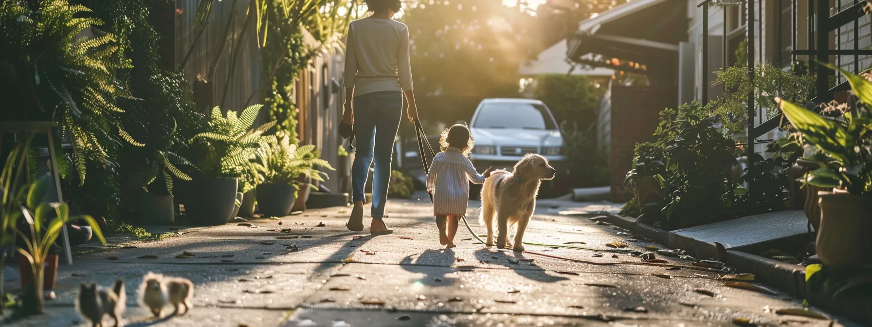 a mother carefully guiding her children and pets away from a freshly treated area during a pest control treatment, prioritizing safety and responsibility.