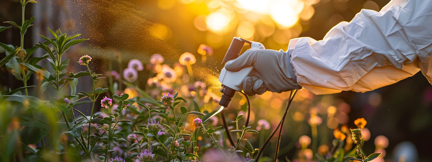 a person carefully applying eco-friendly pesticide to a garden, protecting the surrounding plants and wildlife from harm.