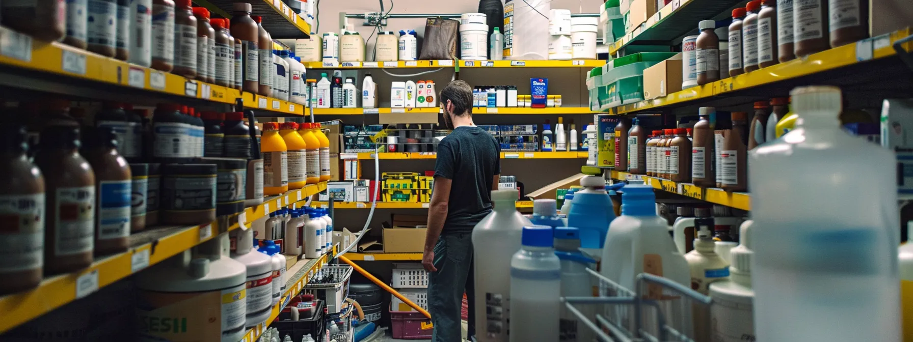 a person carefully labeling and organizing different pest control products in a well-lit, clutter-free storage area.