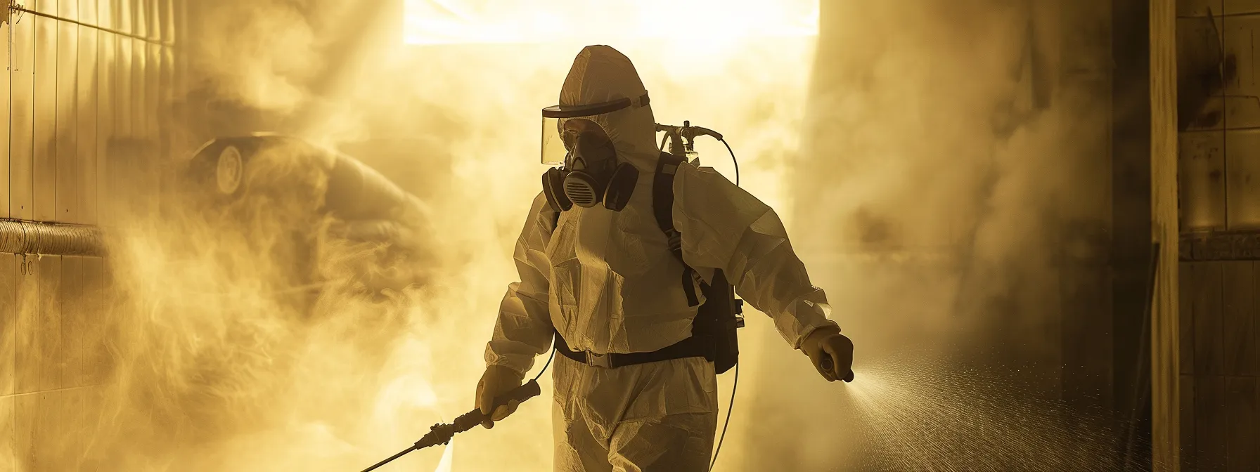 a person wearing a full-body protective suit and mask while spraying a pesticide to control pests in a well-ventilated room.