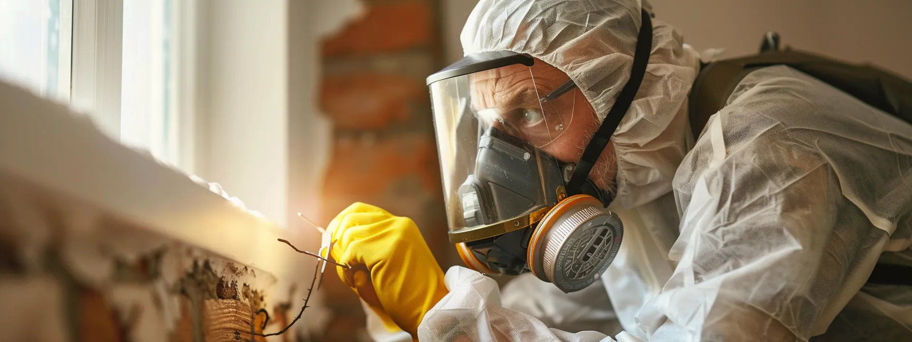 a professional pest control technician in protective gear inspecting a home for pests with specialized equipment.