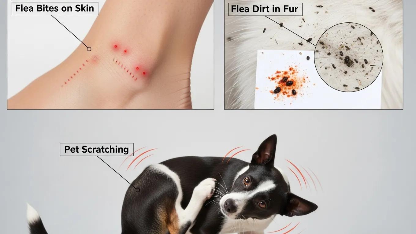 Close-up of flea bites, flea dirt in pet fur, and a pet showing signs of scratching
