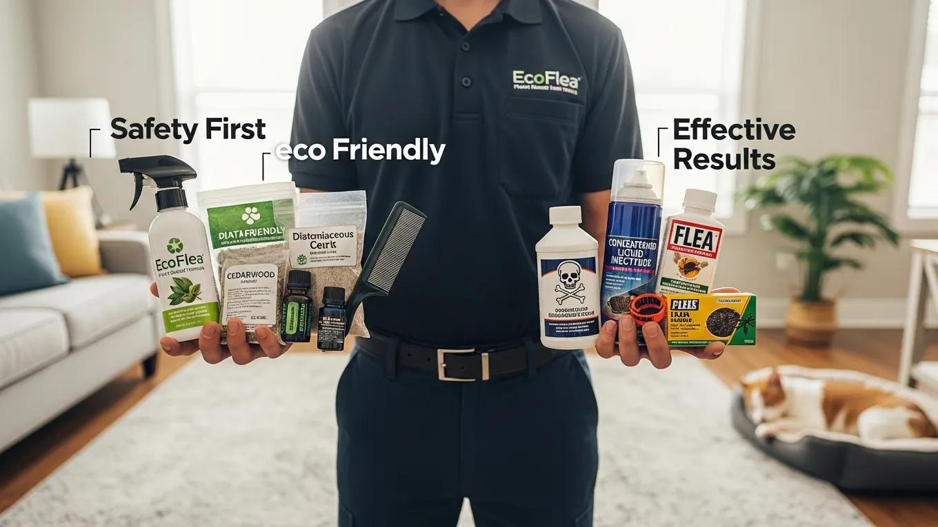 Pest control technician showcasing chemical and eco-friendly flea treatment options