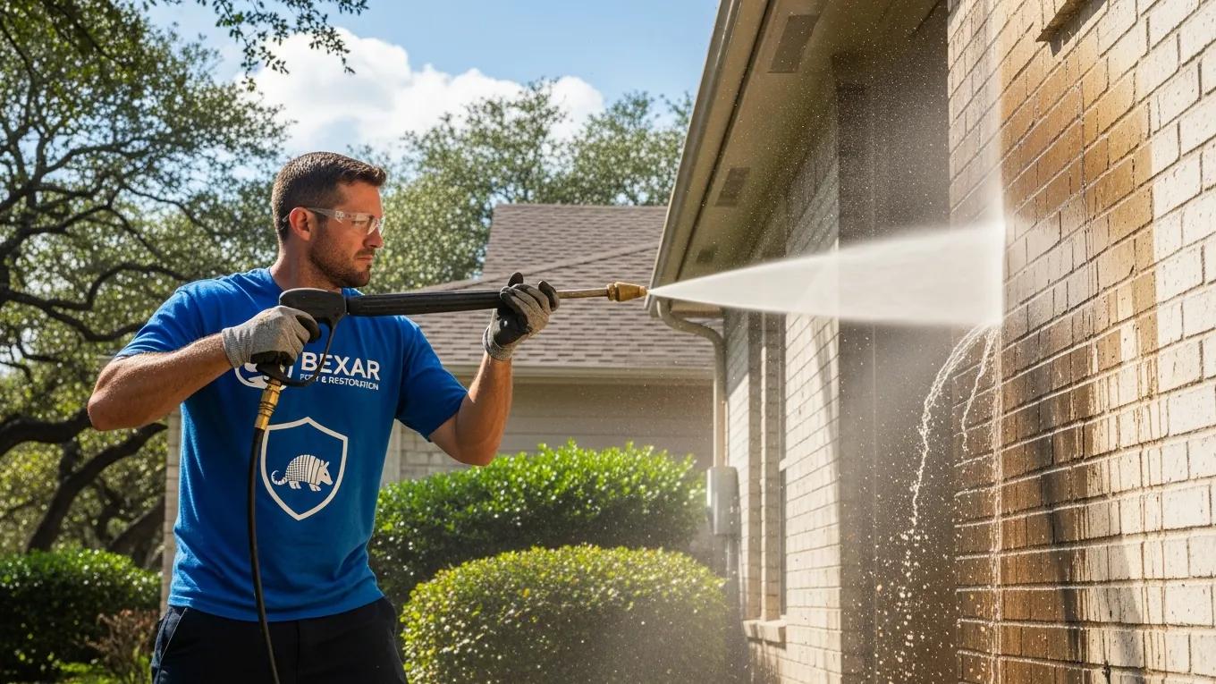 Technician pressure washing home exterior to enhance pest damage restoration
